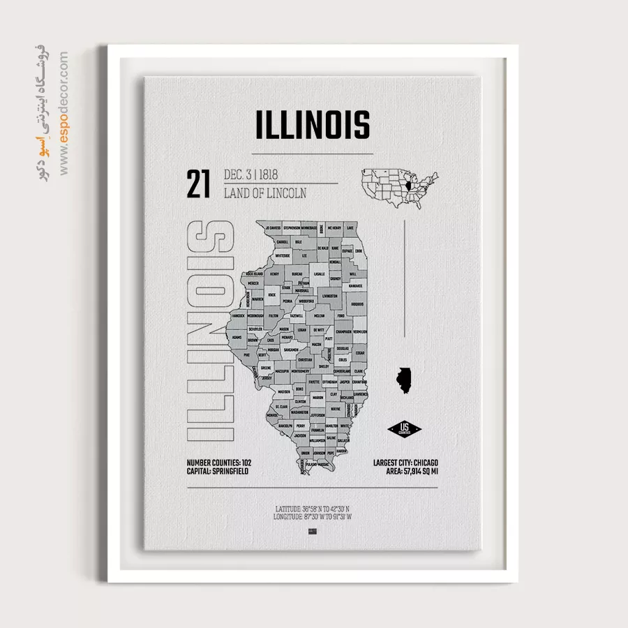 تابلو هنری نقشه ایلینویز - ایلینویز – تابلو نقشه شهرهای جهان - اسپو دکور