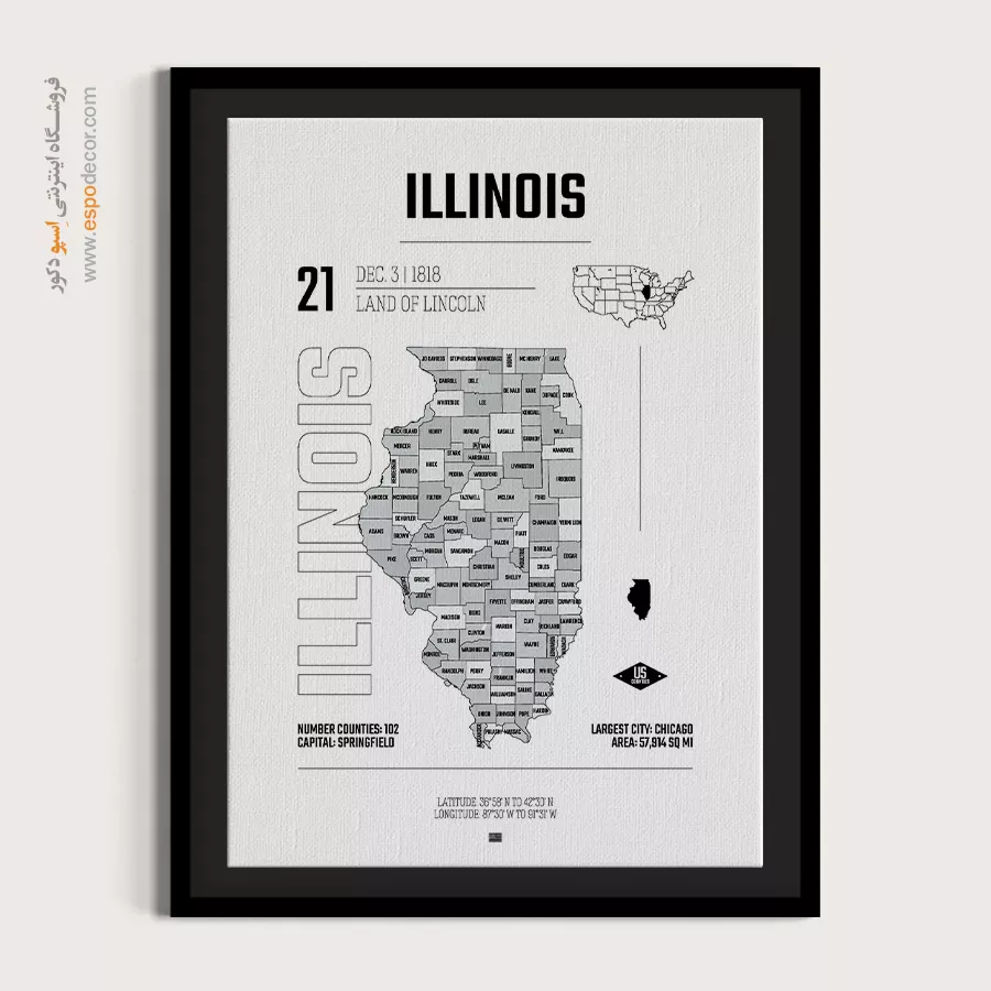 تابلو هنری نقشه ایلینویز - ایلینویز – تابلو نقشه شهرهای جهان - اسپو دکور