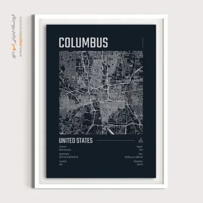 تابلو نقشه سیاه و سفید برای دفتر کار - ‏columbus  – تابلو نقشه شهرهای جهان - اسپو دکور