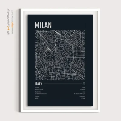 تابلو نقشه میلان سیاه و سفید برای دفتر کار - ‏milan  – تابلو نقشه شهرهای جهان - اسپو دکور