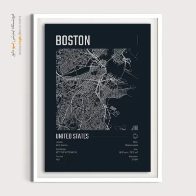 تابلو نقشه سیاه و سفید برای دفتر - ‏boston  – تابلو نقشه شهرهای جهان - اسپو دکور