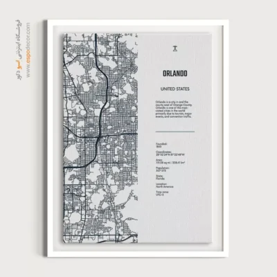 تابلو نقشه دکوراتیو سیاه و سفید برای دفتر کار - ‏orlando florida  – تابلو نقشه شهرهای جهان - اسپو دکور