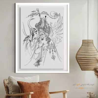 تابلو نقاشی سیاه و سفید با طراحی ظریف - همایون – تابلو مینیاتور خطی - اسپو دکور