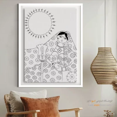 تابلو نقاشی سیاه و سفید طرح اصیل ایرانی - شاه‌نگار – تابلو مینیاتور خطی - اسپو دکور