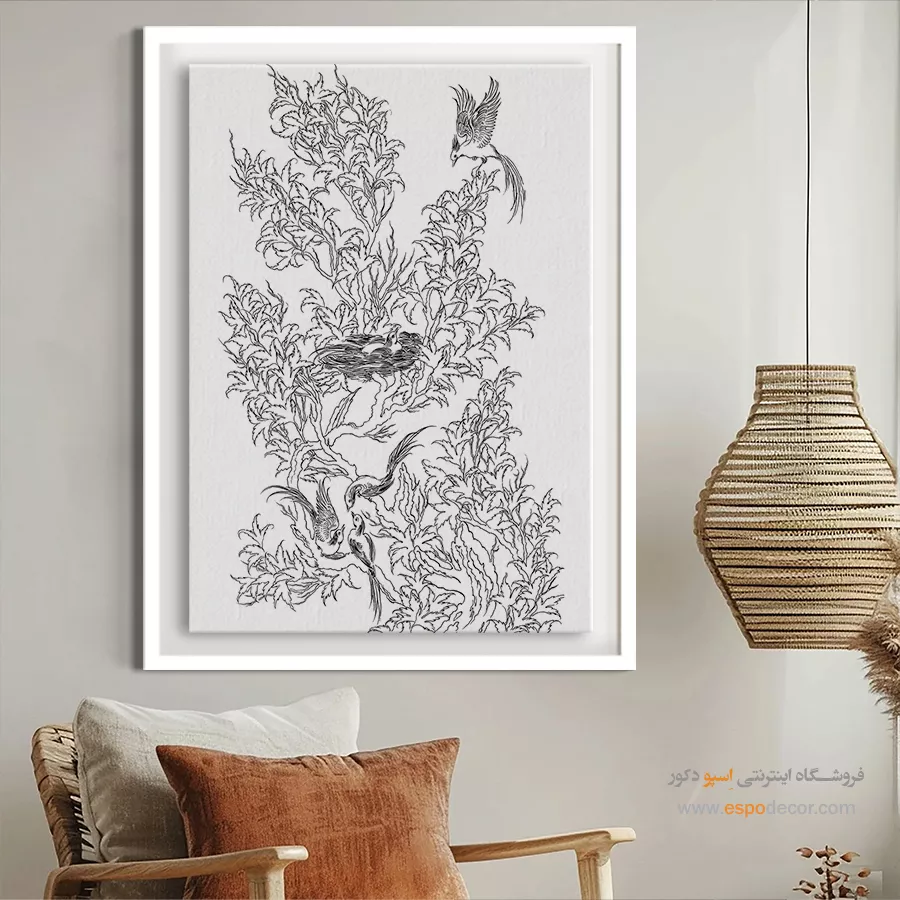 تابلو نقاشی سیاه و سفید دستساز ایرانی - مهنوش – تابلو مینیاتور خطی - اسپو دکور