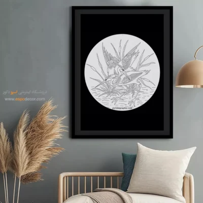 تابلو نقاشی سیاه و سفید برای پذیرایی - ختنخط – تابلو مینیاتور خطی - اسپو دکور