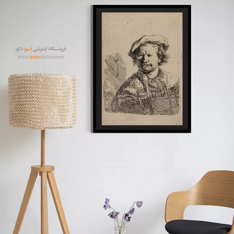 تابلو نقاشی طرح پرتره رامبراند - سلف پرتره با کلاه تخت و لباس گلدوزی شده – تابلو نقاشی رامبراند - اسپو دکور