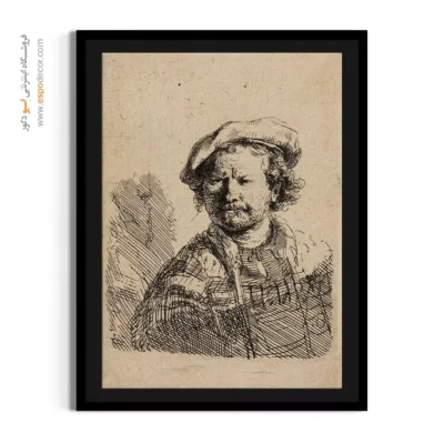 تابلو نقاشی طرح پرتره رامبراند - سلف پرتره با کلاه تخت و لباس گلدوزی شده – تابلو نقاشی رامبراند - اسپو دکور