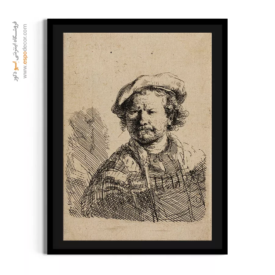 تابلو نقاشی طرح پرتره رامبراند - سلف پرتره با کلاه تخت و لباس گلدوزی شده – تابلو نقاشی رامبراند - اسپو دکور