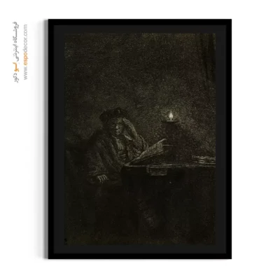 تابلو نقاشی تاریخی - دانشجو کنار میز با نور شمع – تابلو نقاشی رامبراند - اسپو دکور