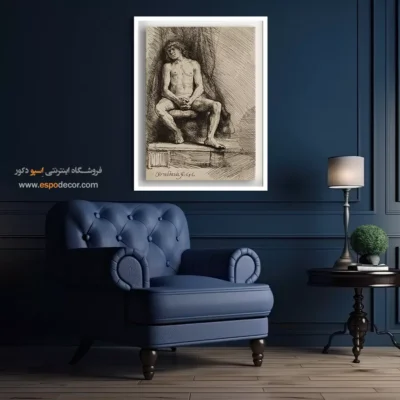 تابلو برای دکوراسیون تیره - مرد برهنه نشسته جلوی پرده – تابلو نقاشی رامبراند - اسپو دکور