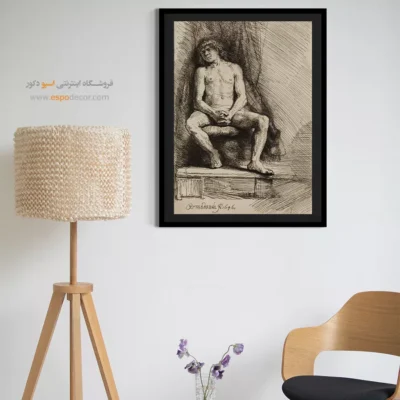 تابلو برای دکوراسیون تیره - مرد برهنه نشسته جلوی پرده – تابلو نقاشی رامبراند - اسپو دکور