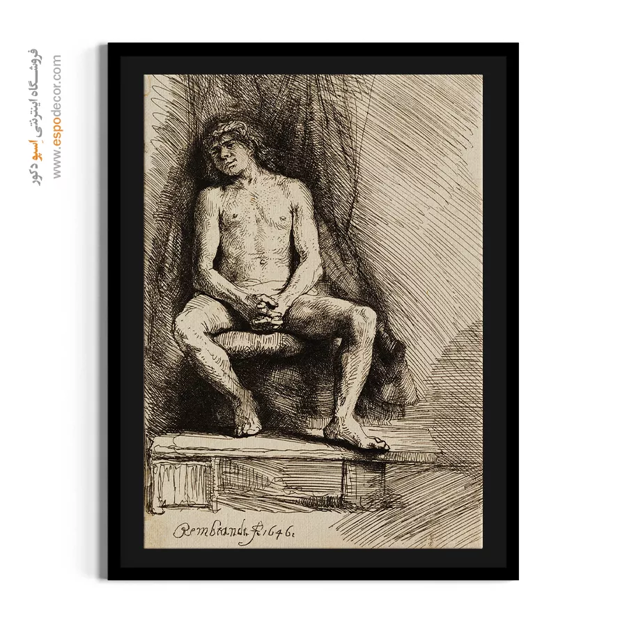 تابلو برای دکوراسیون تیره - مرد برهنه نشسته جلوی پرده – تابلو نقاشی رامبراند - اسپو دکور