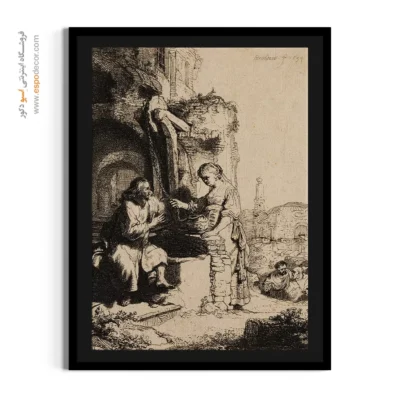 خرید تابلو لوکس کلاسیک - مسیح و زن سامری در میان ویرانه ها – تابلو نقاشی رامبراند - اسپو دکور