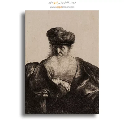 خرید نقاشی کلاسیک - پیرمردی با ریش، کلاه خز و شنل مخملی – تابلو نقاشی رامبراند - اسپو دکور