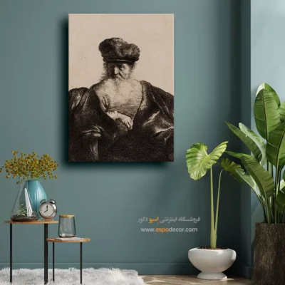 خرید نقاشی کلاسیک - پیرمردی با ریش، کلاه خز و شنل مخملی – تابلو نقاشی رامبراند - اسپو دکور