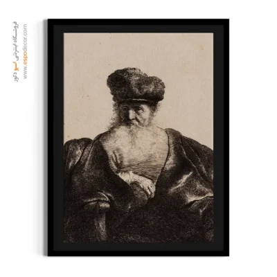 خرید نقاشی کلاسیک - پیرمردی با ریش، کلاه خز و شنل مخملی – تابلو نقاشی رامبراند - اسپو دکور