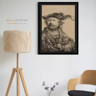 نقاشی چهره - سلف پرتره در کلاه مخملی با پر – تابلو نقاشی رامبراند - اسپو دکور