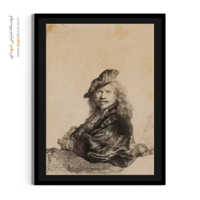 تابلو هنری پرتره کلاسیک - سلف پرتره تکیه بر طاقچه سنگی – تابلو نقاشی رامبراند - اسپو دکور