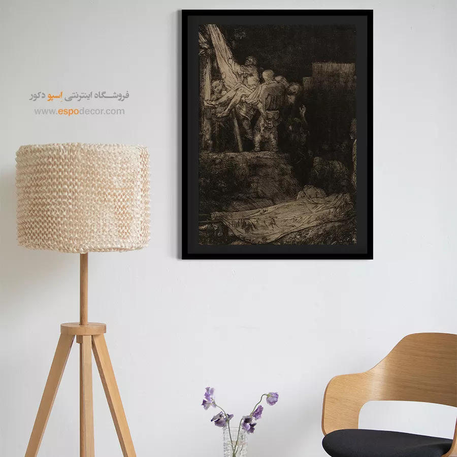 خرید تابلو با تم رنگی تیره - فرود آمدن از صلیب با نور مشعل – تابلو نقاشی رامبراند - اسپو دکور