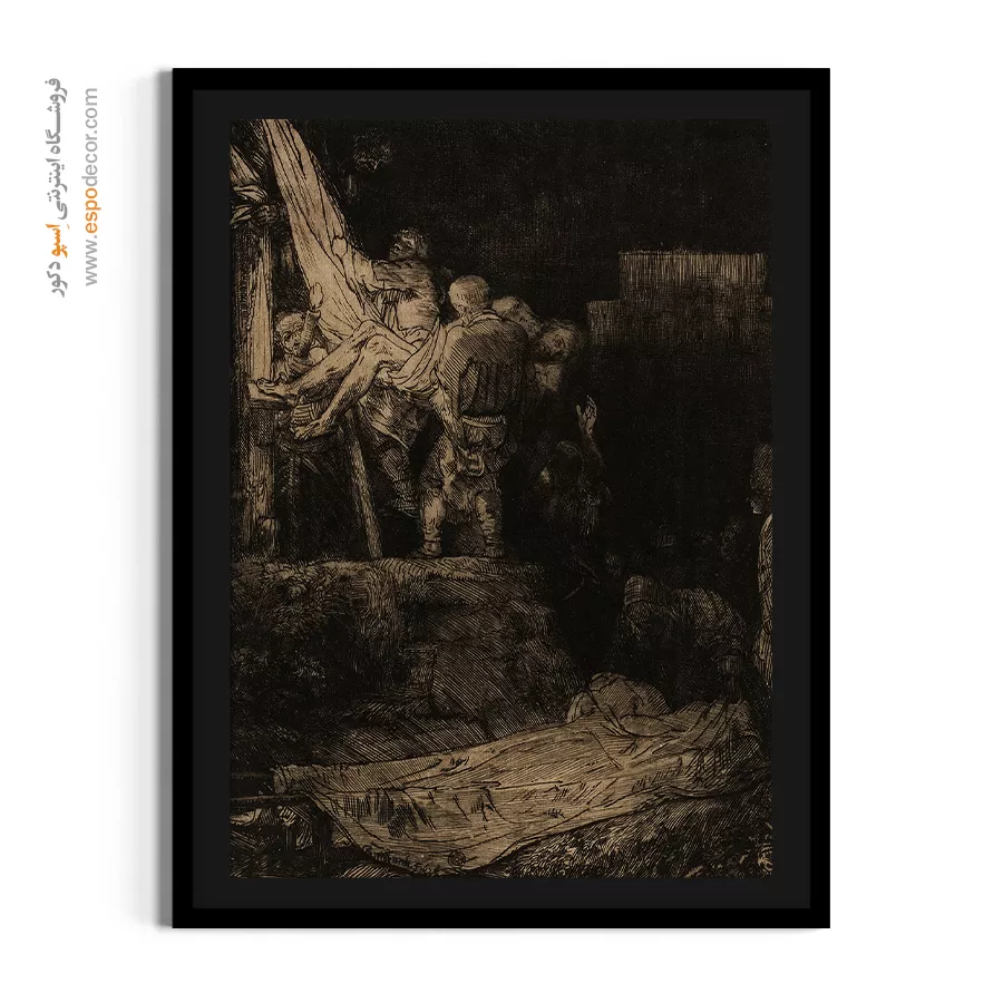 خرید تابلو با تم رنگی تیره - فرود آمدن از صلیب با نور مشعل – تابلو نقاشی رامبراند - اسپو دکور