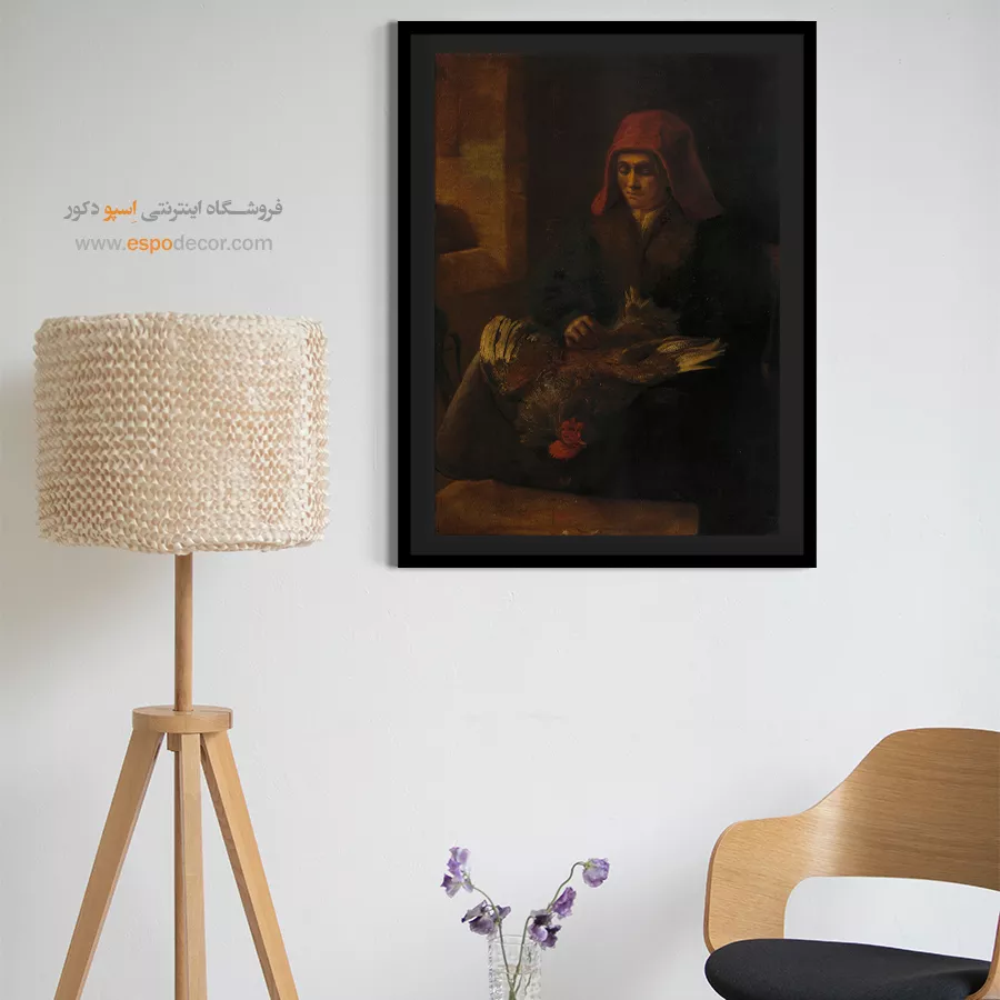 نقاشی های رامبراند برای فروش - پیرزنی در حال چیدن پر مرغ – تابلو نقاشی رامبراند - اسپو دکور