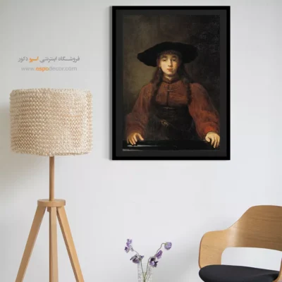تابلو نقاشی اثر رامبراند - زنی جوان با دستانش روی قاب – تابلو نقاشی رامبراند - اسپو دکور
