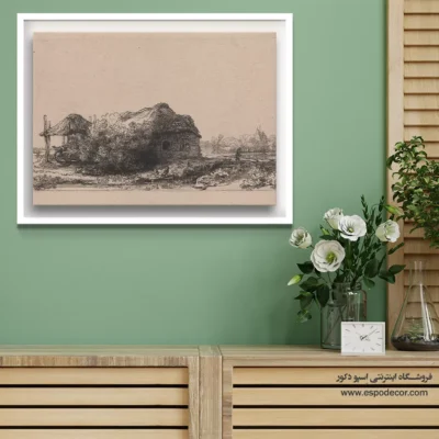 تابلو با تم رنگی تیره - منظره با کلبه و انبار یونجه – تابلو نقاشی رامبراند - اسپو دکور