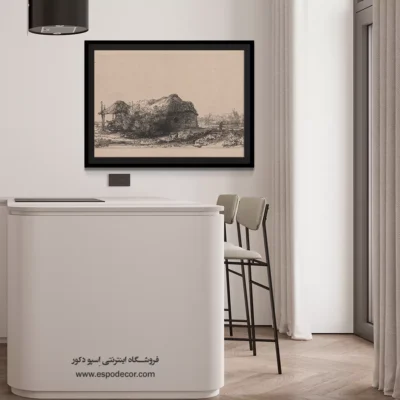 تابلو با تم رنگی تیره - منظره با کلبه و انبار یونجه – تابلو نقاشی رامبراند - اسپو دکور