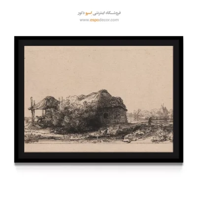 تابلو با تم رنگی تیره - منظره با کلبه و انبار یونجه – تابلو نقاشی رامبراند - اسپو دکور