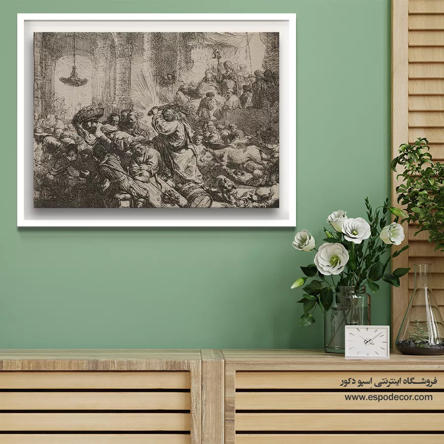 تابلو نقاشی باستانی - مسیح در حال راندن صرافی ها از معبد – تابلو نقاشی رامبراند - اسپو دکور