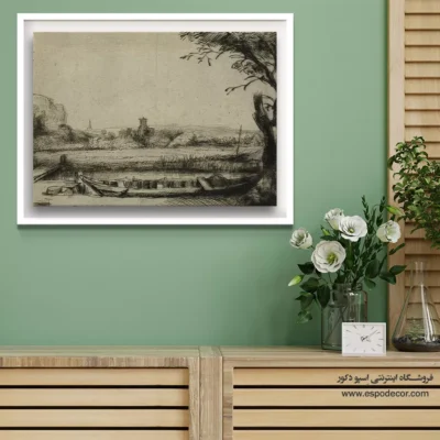 فروش تابلو نقاشی - کانال با قایق بزرگ و پل – تابلو نقاشی رامبراند - اسپو دکور