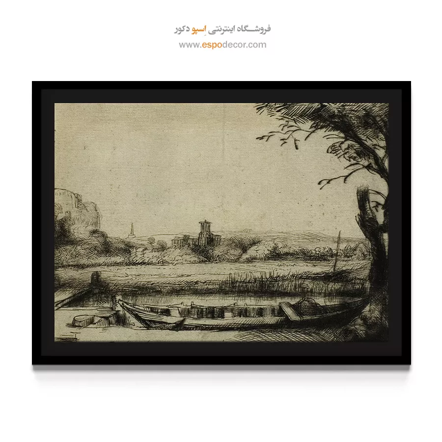 فروش تابلو نقاشی - کانال با قایق بزرگ و پل – تابلو نقاشی رامبراند - اسپو دکور