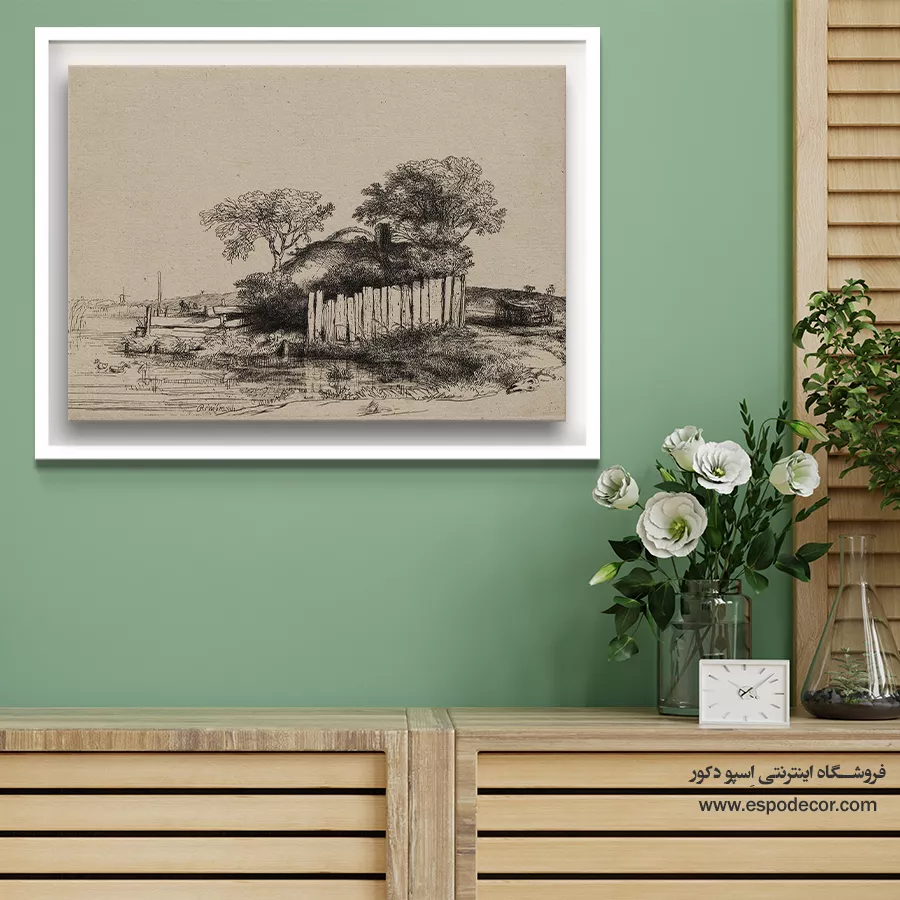 تابلوی کلاسیک با نورپردازی دراماتیک - کلبه ای با رنگ سفید – تابلو نقاشی رامبراند - اسپو دکور