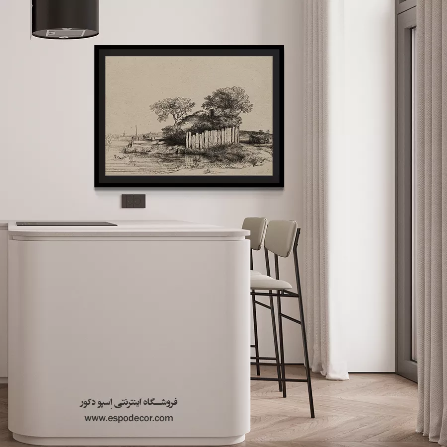 تابلوی کلاسیک با نورپردازی دراماتیک - کلبه ای با رنگ سفید – تابلو نقاشی رامبراند - اسپو دکور