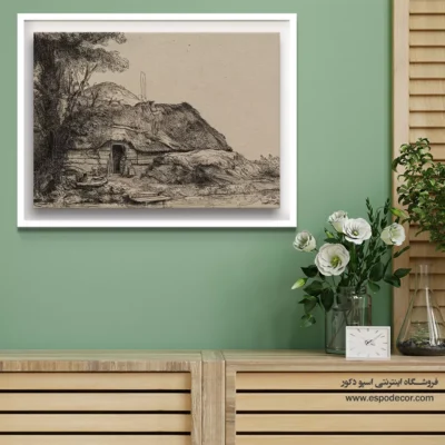 تابلو طراحی از منظره - منظره ای با کلبه و درخت بزرگ – تابلو نقاشی رامبراند - اسپو دکور