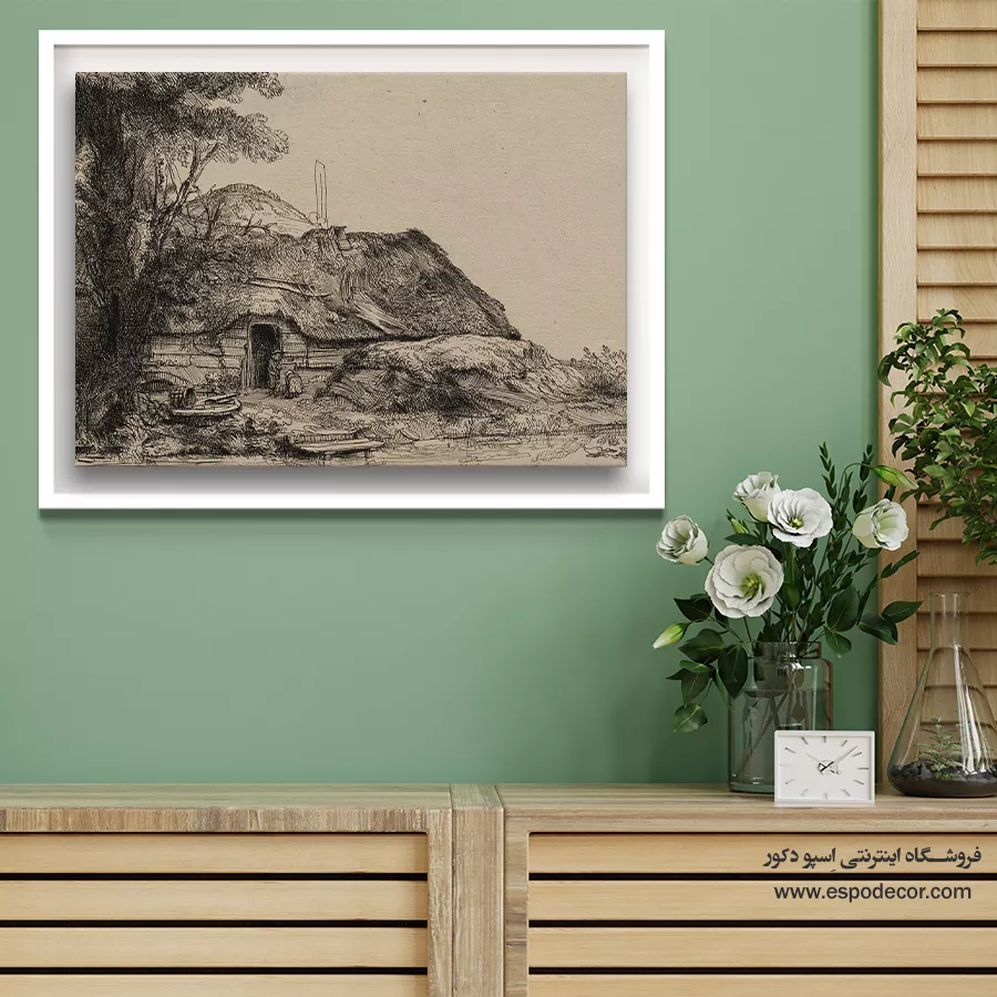 تابلو طراحی از منظره - منظره ای با کلبه و درخت بزرگ – تابلو نقاشی رامبراند - اسپو دکور