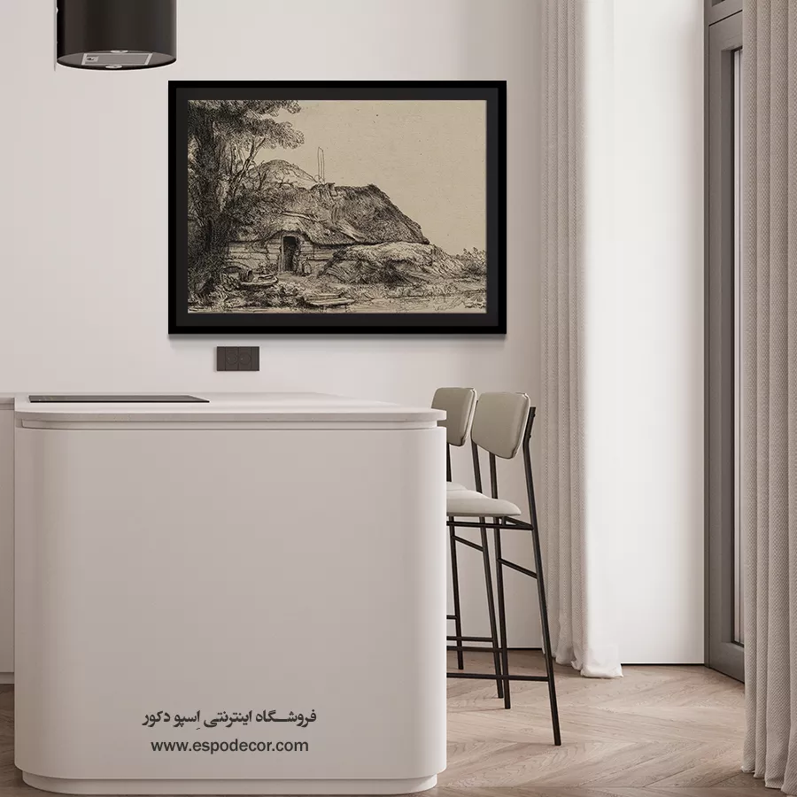 تابلو طراحی از منظره - منظره ای با کلبه و درخت بزرگ – تابلو نقاشی رامبراند - اسپو دکور