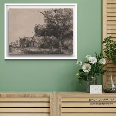 تابلو نقاشی منظره - منظره با سه کلبه در کنار جاده – تابلو نقاشی رامبراند - اسپو دکور