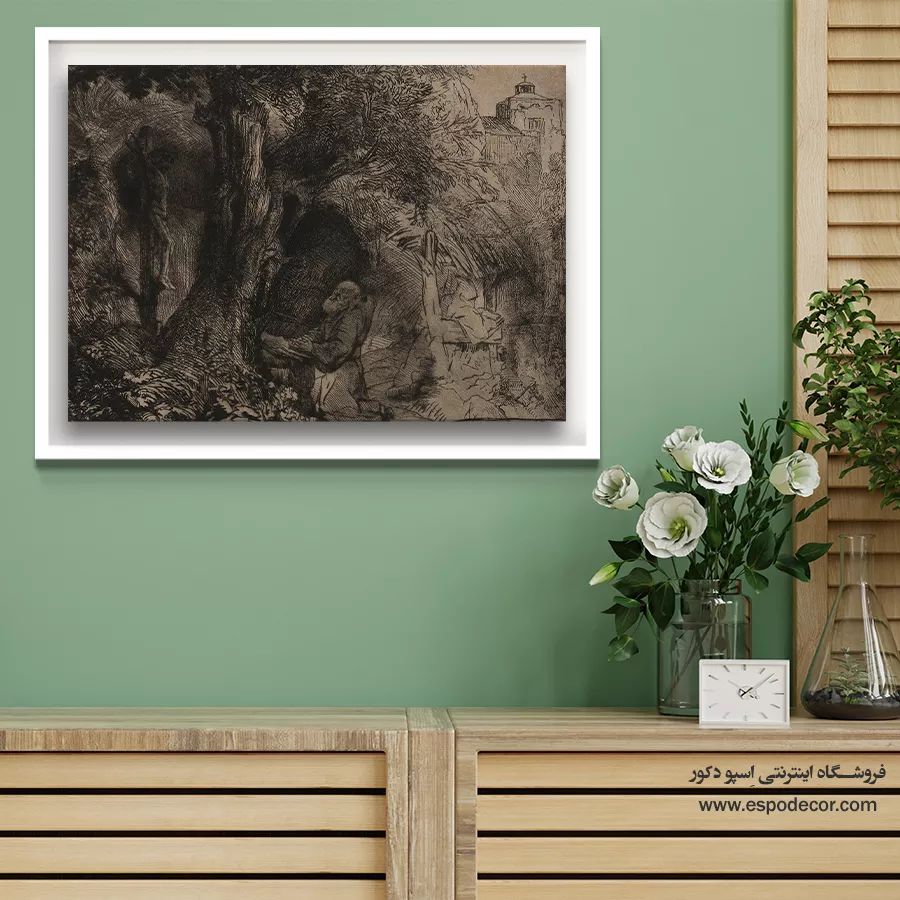 تابلو بوم نقاشی با رنگهای خاکی - سنت فرانسیس زیر درخت در حال دعا – تابلو نقاشی رامبراند - اسپو دکور