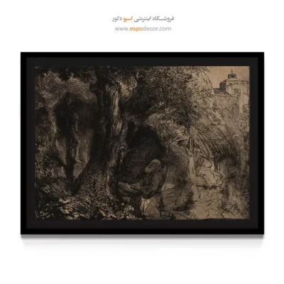 تابلو بوم نقاشی با رنگهای خاکی - سنت فرانسیس زیر درخت در حال دعا – تابلو نقاشی رامبراند - اسپو دکور