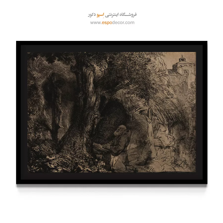 تابلو بوم نقاشی با رنگهای خاکی - سنت فرانسیس زیر درخت در حال دعا – تابلو نقاشی رامبراند - اسپو دکور