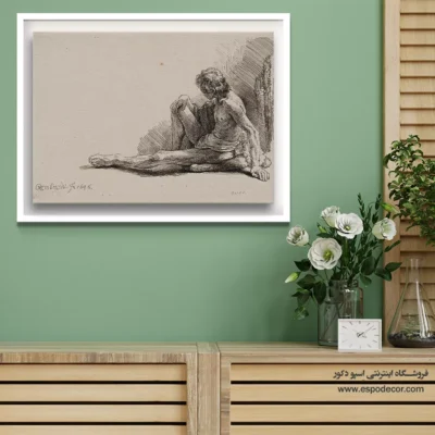تابلو بوم برای بالای میز کنسول - مرد برهنه نشسته روی زمین – تابلو نقاشی رامبراند - اسپو دکور