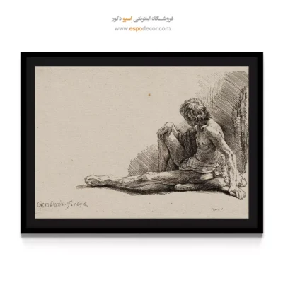 تابلو بوم برای بالای میز کنسول - مرد برهنه نشسته روی زمین – تابلو نقاشی رامبراند - اسپو دکور