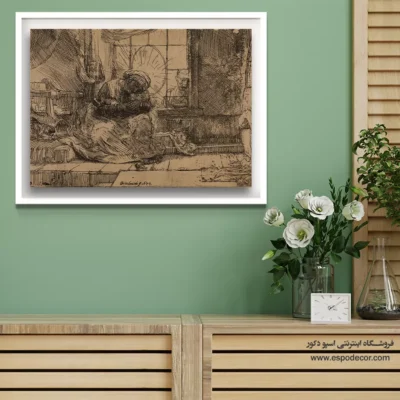 چاپ بوم با کیفیت موزه ای - باکره و کودک با گربه و مار – تابلو نقاشی رامبراند - اسپو دکور