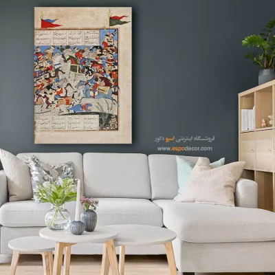 خرید آثار مینیاتور کلاسیک - رستم، اشکبوس را از پای درمیآورد – تابلو شاهنامه فردوسی - اسپو دکور