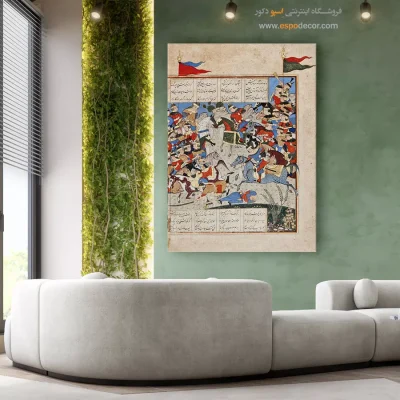 خرید آثار مینیاتور کلاسیک - رستم، اشکبوس را از پای درمیآورد – تابلو شاهنامه فردوسی - اسپو دکور