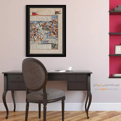 خرید آثار مینیاتور کلاسیک - رستم، اشکبوس را از پای درمیآورد – تابلو شاهنامه فردوسی - اسپو دکور