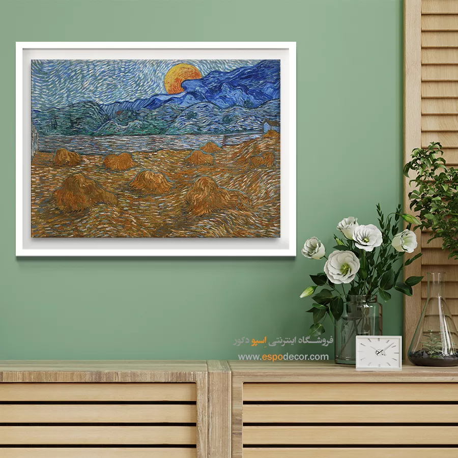 خرید تابلو مناسب خانههای مدرن - منظره ای با قفسه های گندم و طلوع ماه – تابلو نقاشی های ون گوگ - اسپو دکور