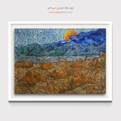 خرید تابلو مناسب خانه‌های مدرن - منظره ای با قفسه های گندم و طلوع ماه – تابلو نقاشی های ون گوگ - اسپو دکور